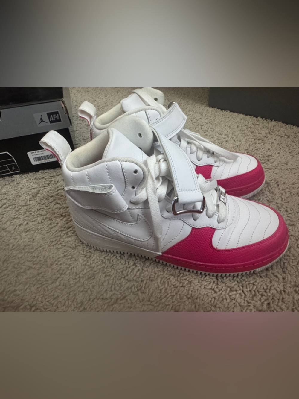 Jordan Kids White / Pink High-Top Sneakers with Strap - Like New (worn only 2x)